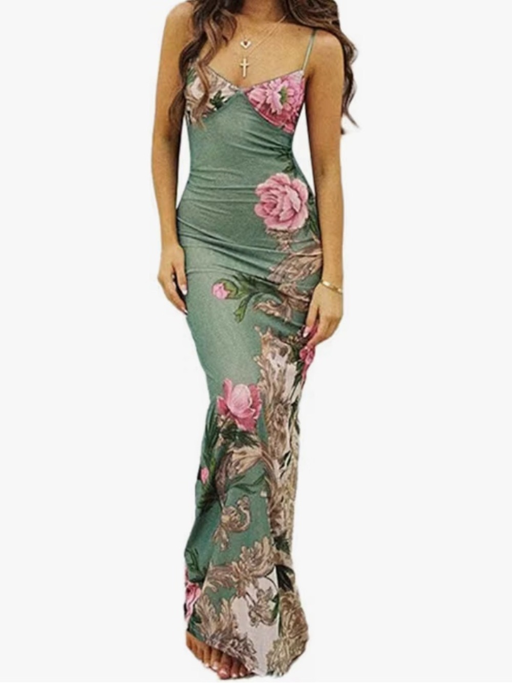 Floral Slip Maxi Dress - Green with Pink Roses